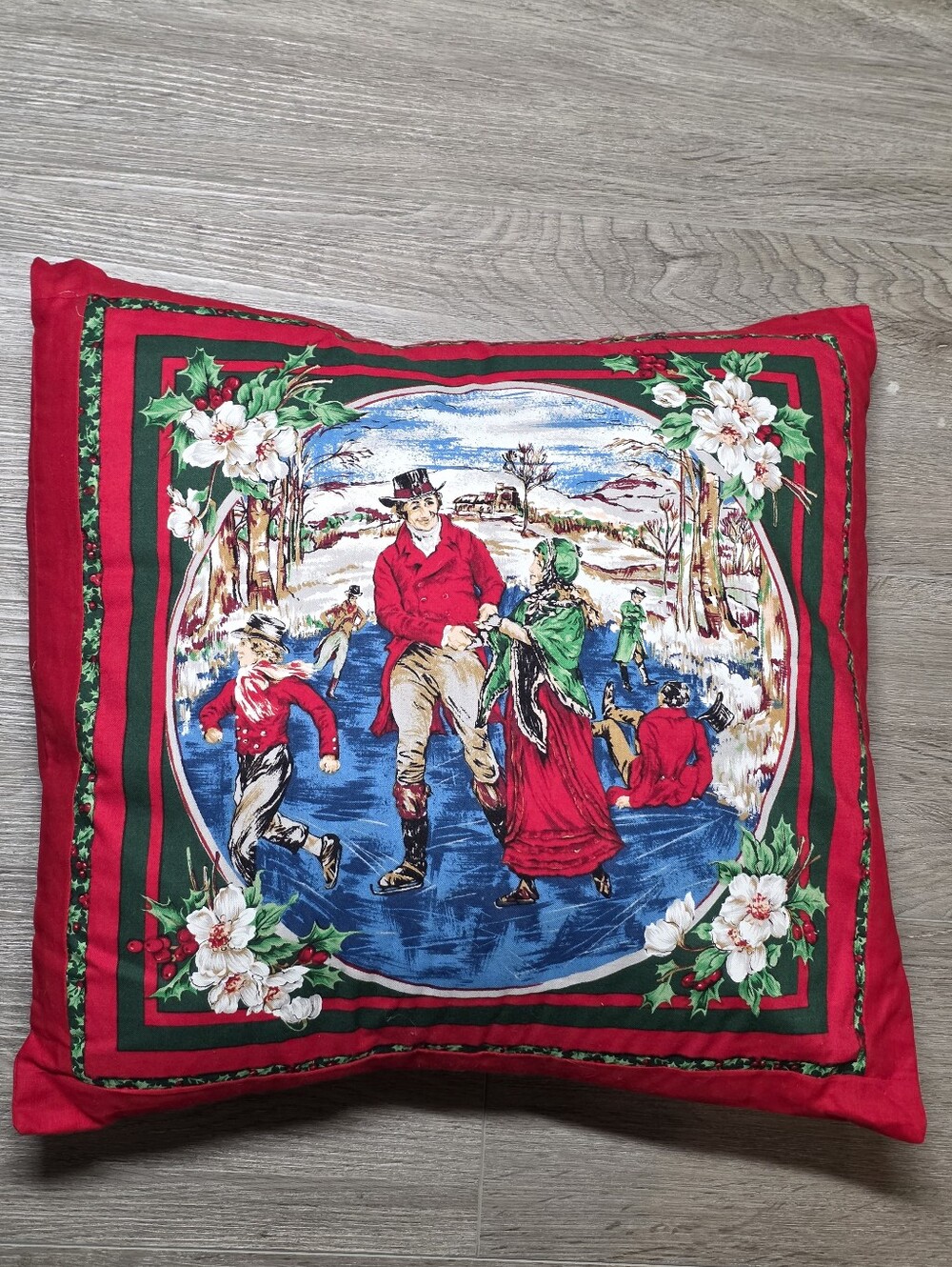 Vintage? Style Christmas Ice Skating Scene Pillow Cover  Holiday Red 17 X 17
